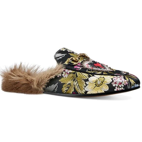 Gucci Princetown Jacquard Kangaroo Horsebit Fur Heart Mules EU 37 US 6.5/7 - Picture 1 of 12